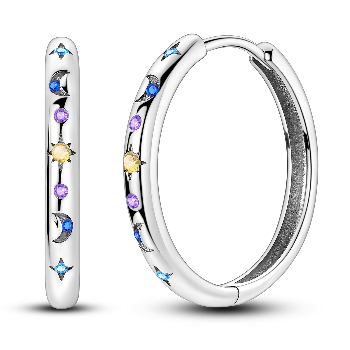 TEMU Silvery Fashion Earrings Inlay Blue And Purple Synthetic Zirconia Star Moon Earrings For Women Casual Vacation Temperament Elegant Earrings