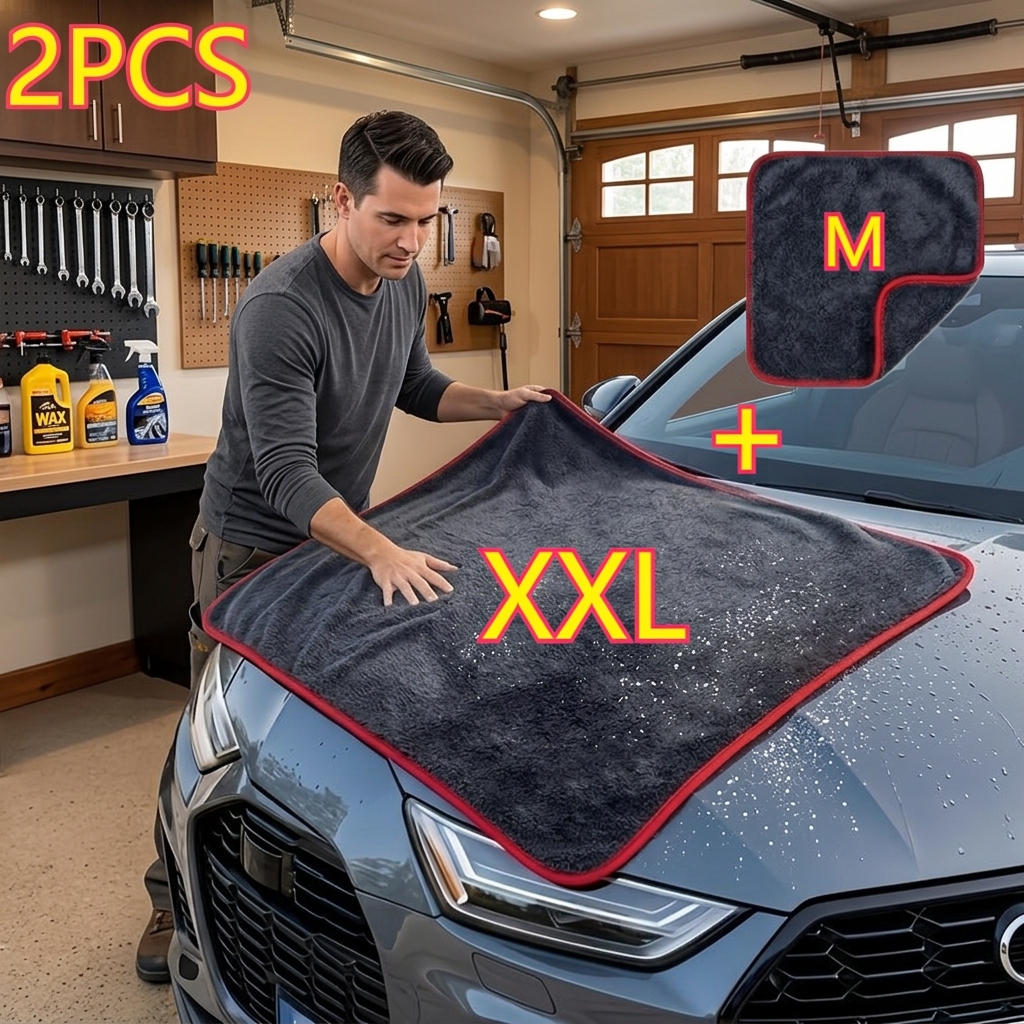 TEMU 2-pack Microfiber Car Cleaning Towels(xxl Sizes)60*90cm 40*40cm, High Absorbency Twisted , Thickened Cleaning Cloth, Red And Gray Trim, Suitable