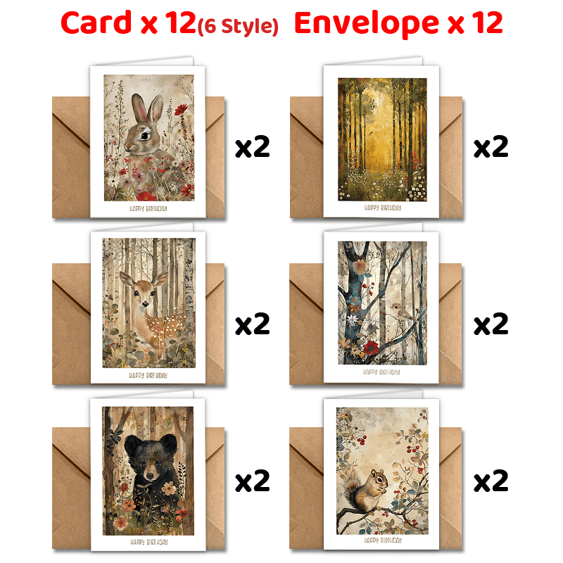 

24pcs Woodland Animals Birthday Cards With Envelopes - Unique Watercolor Design, Thank You Notes &