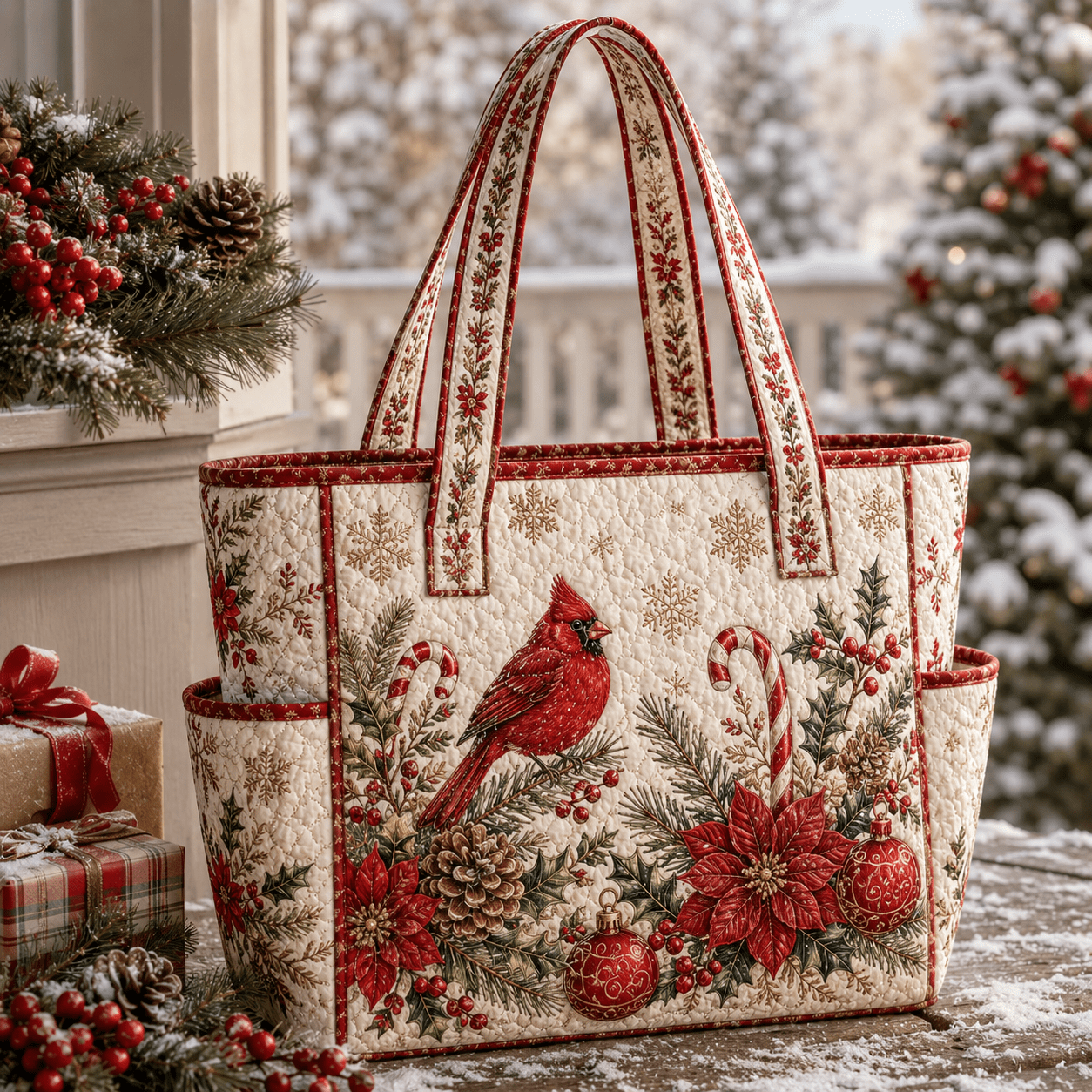 TEMU Women's Quilted Tote Bag With 2 Side Pockets, Red Poinsettia Winter Floral Print, Beige Red Vintage Christmas Farmhouse Style, Large Handbag For