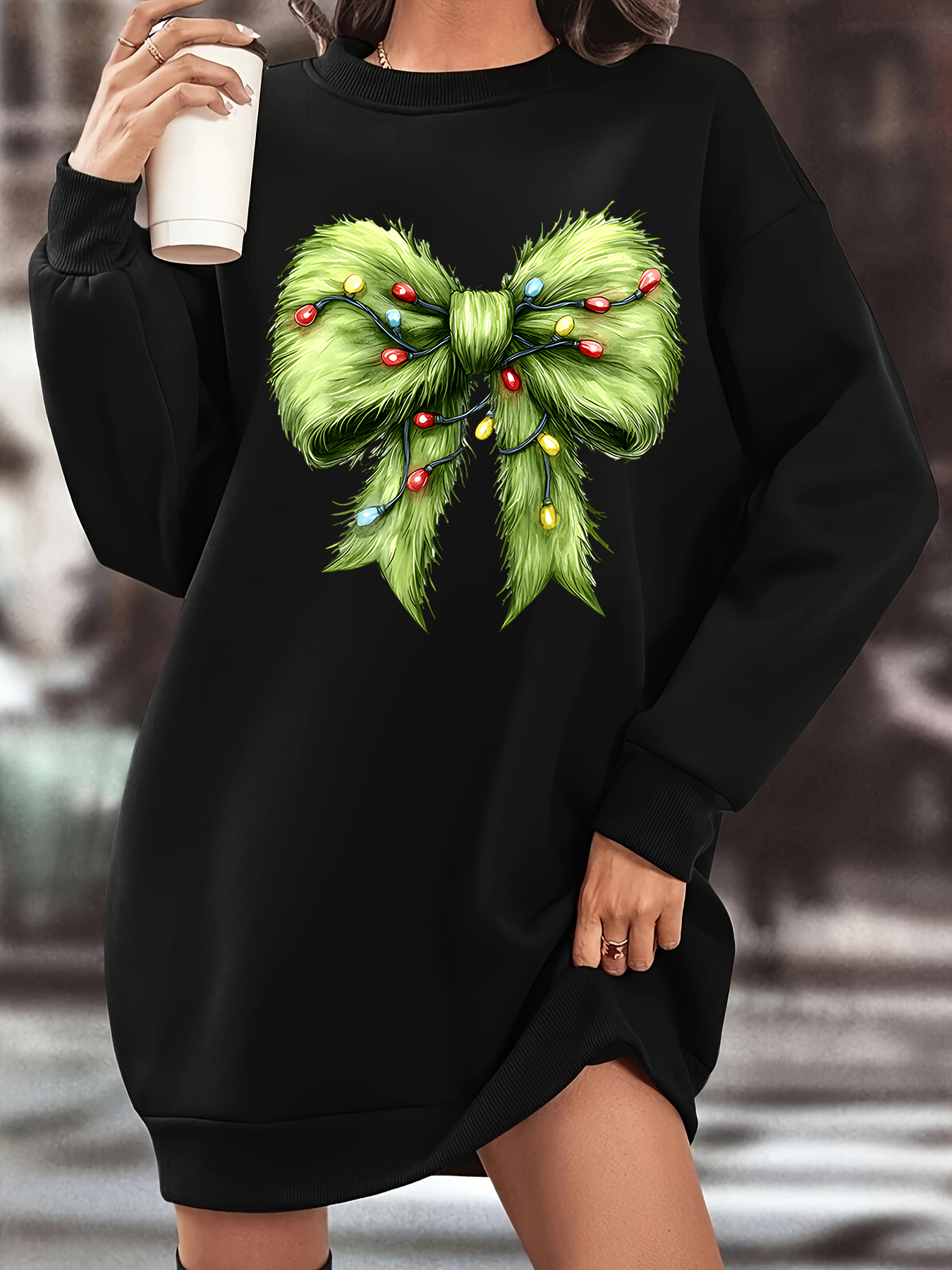 women's fleece-lined sweatshirt dress with red print - cozy loose fit long  sleeve round neck knee-length winter dress, machine washable black casual  elegant outfit, sweater dress, comfortable daily wear | Shop On