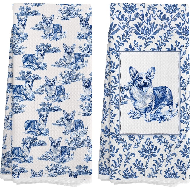 TEMU 2pcs 18x26 And White Chinoiserie Corgi Kitchen Towels Gifts Decorative Hand Towels For Bathroom Kitchen, Vintage Floral Corgy Dog Toile Dish Tea
