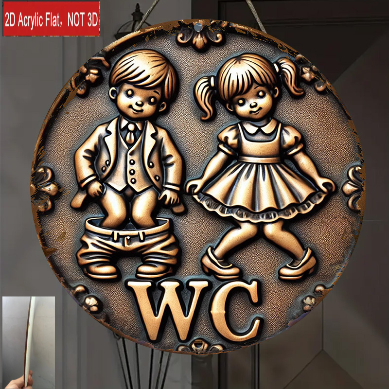 TEMU 2d Flat, 2d Flat - A Wall Sign Featuring An Ancient Wooden Round "wc" Design, Measuring 19.99x19.99 Cm, Suitable For Home, Cafe, And Apartment