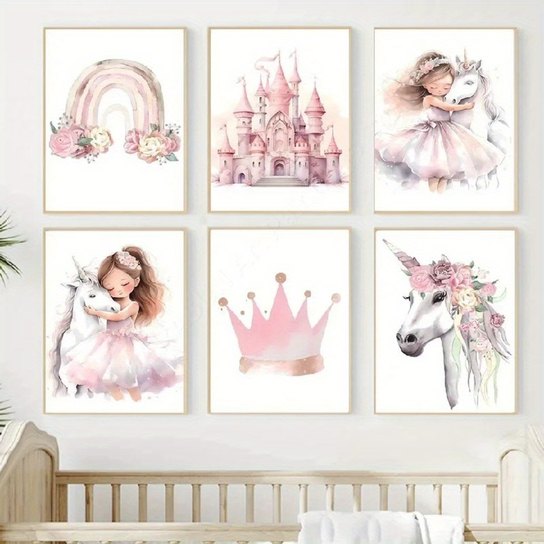 

6pcs Princess And Unicorns Watercolor Art , Cartoon Castle And Horse Posters, 8x10 Inch, Paper Material, For Room, , Home Decor