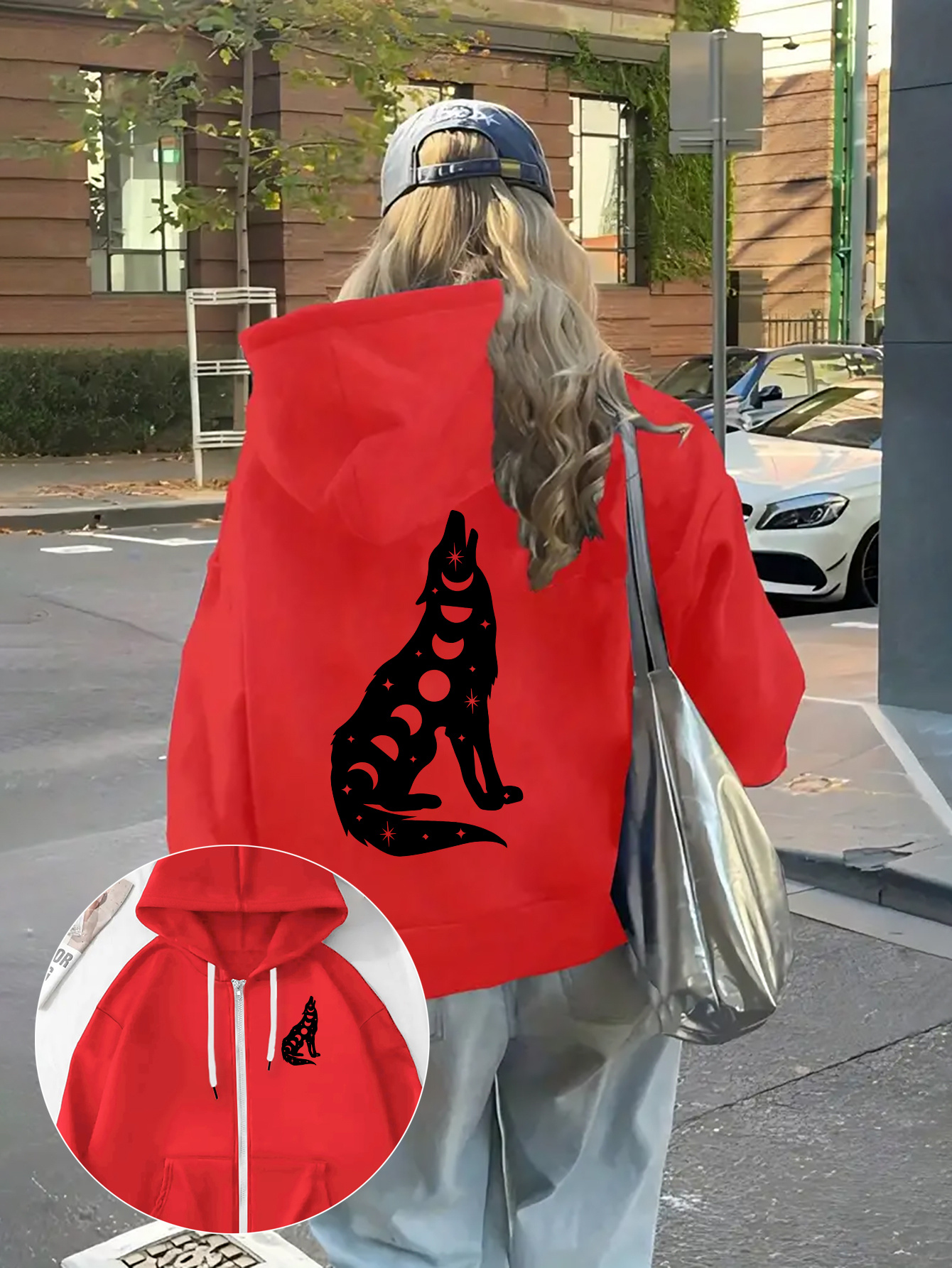 여성용 스타일리시 태양, 달 및 별 프린트 후드 지퍼업 재킷 - 가을/겨울용 포켓이 있는 긴팔 캐주얼 스포츠웨어, 핑크 폴리에스터 니트 코트