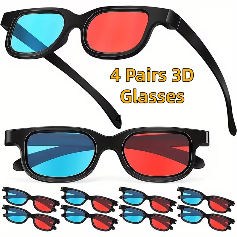 TEMU 4 paires de lunettes 3D rouge-bleu, adaptées aux téléviseurs 3D, films et jeux - Lunettes 3D rouge-bleu avec montures noires, offrant des