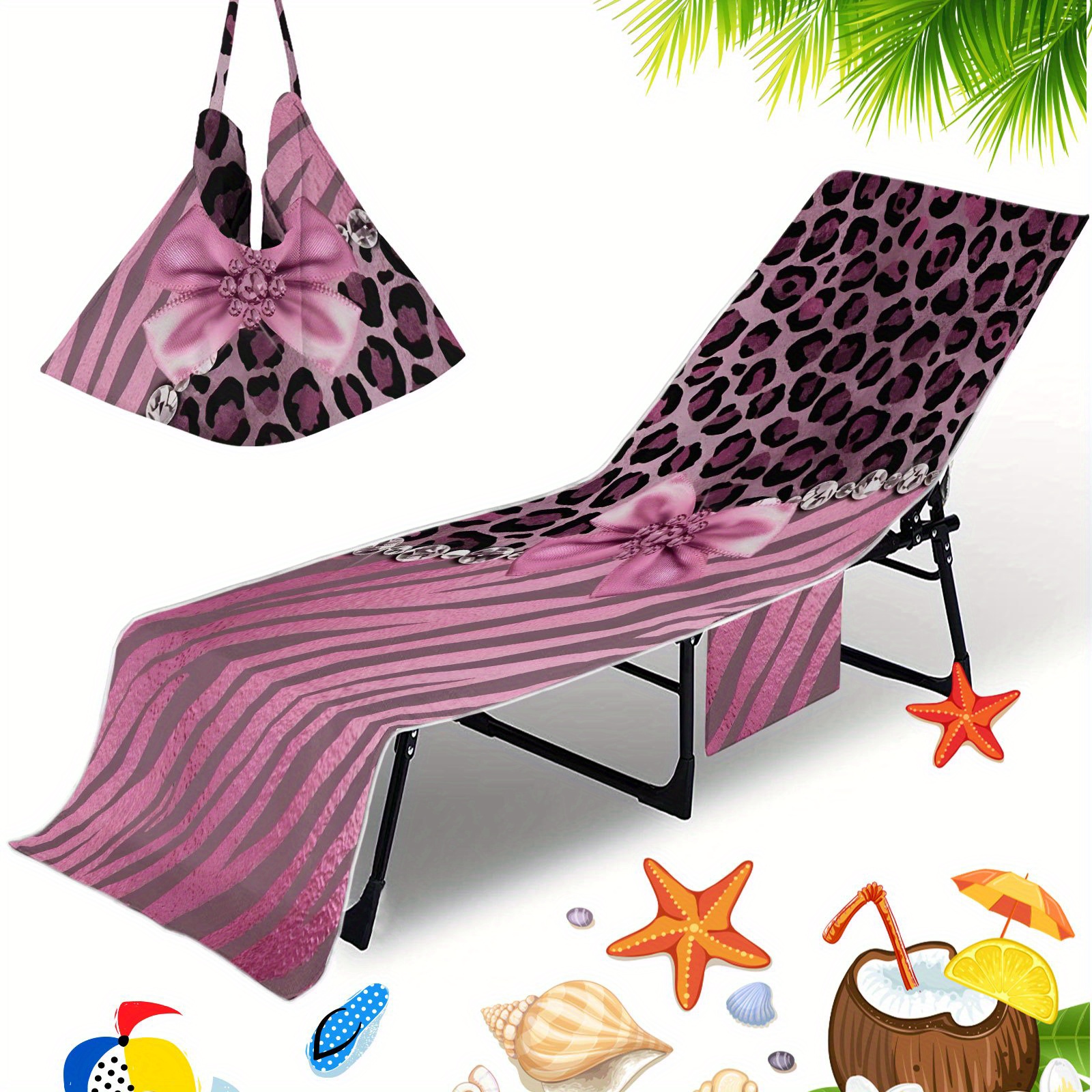 TEMU 1pc Of Microfiber Beach Chair Cover Towel, Quick-dry Sofa Chair Towel With Pockets - 250gsm Fabric, , Patterned Design, Essential For The Beach,