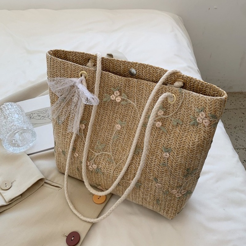 TEMU Bolso Tote de Paja Tejida Fácil y Elegante de Un Solo con , Bolso de Tejido