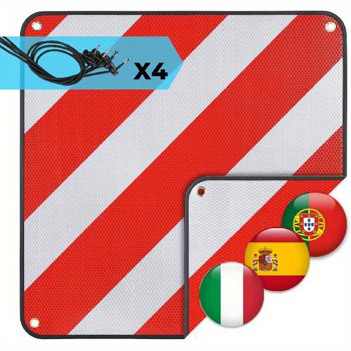 Artikelbild doppelseitiges reflektierendes pvc-warnschild, rot-weiß gestreiftes zwei-in- -markierungszeichen, für italien, und portugal, größe 50x50 cm, mit einem rot-weiß gestreiften warnschild für wohnmobile mit vier befestigungsriemen, an der rückseite des wohnmobils