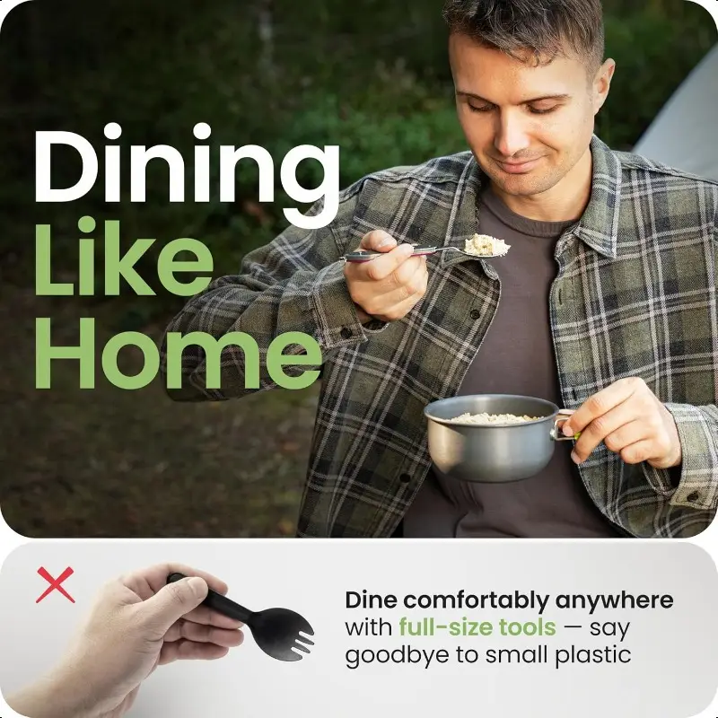 2-pack heavy-duty stainless steel compact camping utensil set with detachable fork, knife, spoon & bottle opener - portable multitool flatware with ergonomic non-slip handle, sheath & carrying case for backpacking, hiking, survival, travel - ideal for emergency preparedness & (stainless steel construction, polished , lightweight & durable), camping equipment and accessories, camping cutlery, camping gear and equipment Product details 4