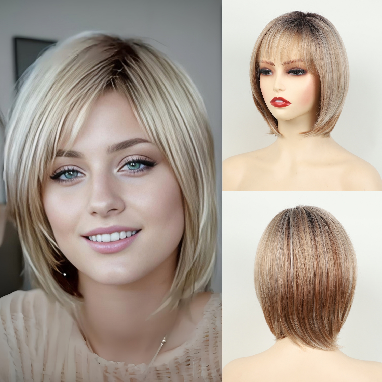 

Layered Blonde Bob Wigs For Women With Bangs Straight Short Cut Synthetic Wig Suitable For White Women Ombre Blonde Highlight Haircuts Natural Daily Party Wig