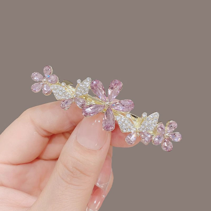 TEMU Korean-style High-end -like Five-petal Flower Hair Clip For Women, Back Of Head Rhinestone Spring Clip, Half-up Hairstyle Hairpin