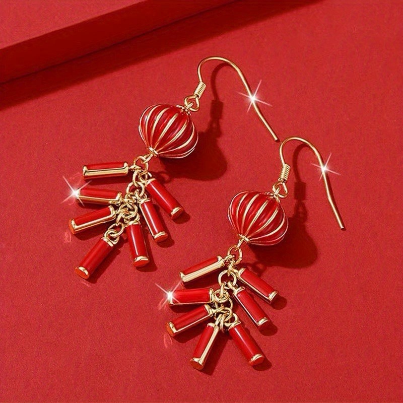 TEMU Fashionable Women's New Year Earrings, Red Lanterns, Studs, Exquisite Spring Festival