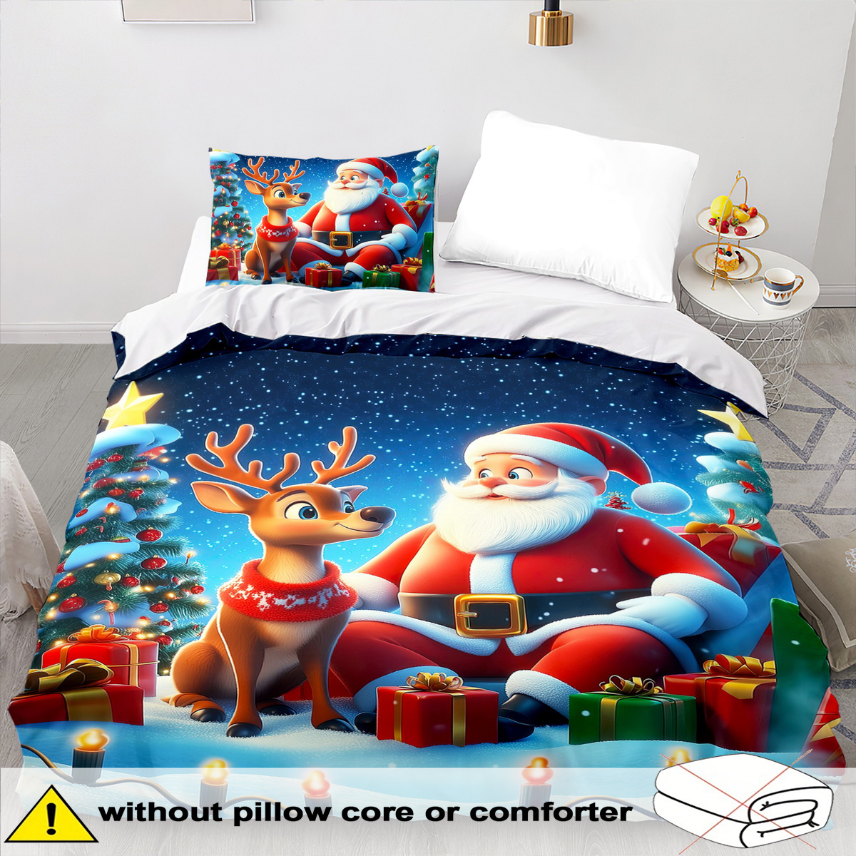 Image of 2/3pcs Blue Santa Claus Bedding Set Christmas Reindeer Duvet Cover Set Christmas Tree Comforter Cover Bedroom Decor 2d Christmas Balls Flat Printing (includes 1 Duvet Cover + 1/2 Pillowcases )