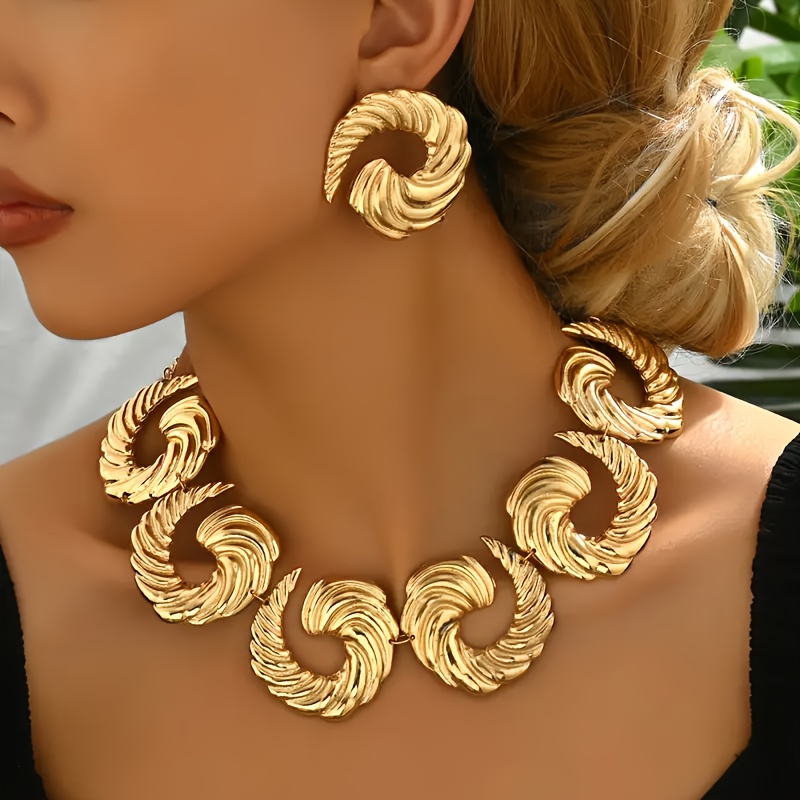 TEMU 1 Necklace + Of Earrings, Creative Vintage Bohemian Style Exaggerated Personality Spiral Design Pendant Necklace And Earrings Set, Accessories