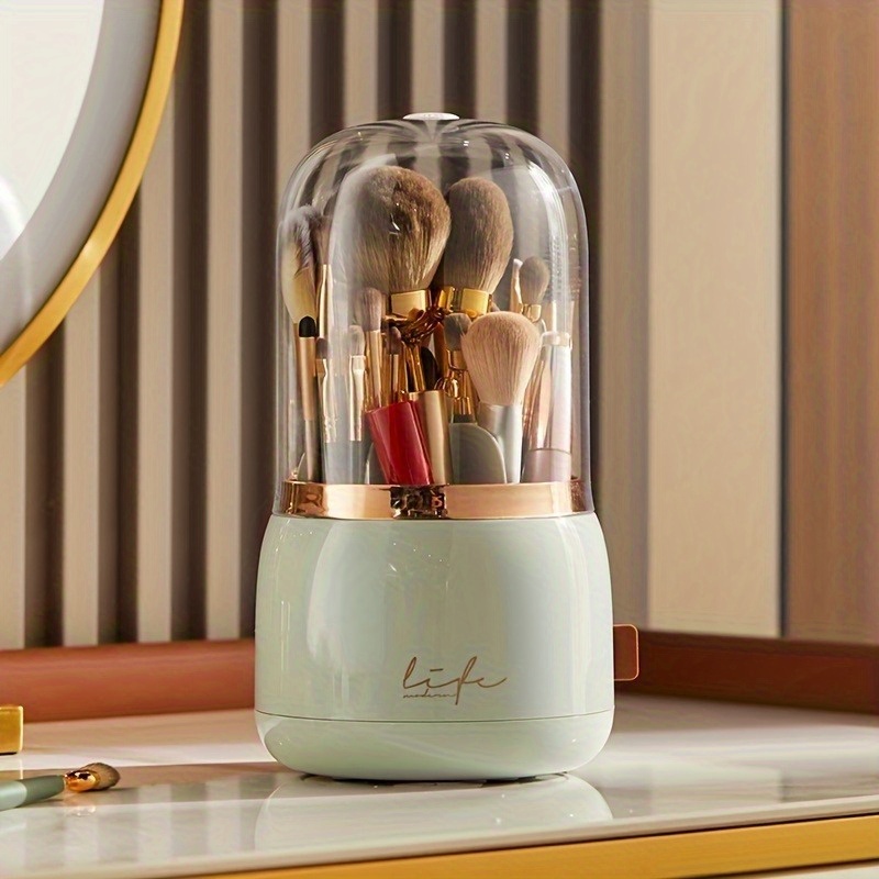 luxury makeup brush organizer with mint green rose golden accents transparent vanity storage box large capacity makeup organizer with dustproof lid for professional or home use bathroom countertop decor no assembly needed makeup vanity desk Product details 5