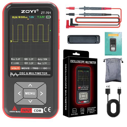 handheld oscilloscope and multimeter 2 in 1 3 2 inch color screen 100mv 100v div auto trigger measure voltage current frequency for electronics repair and engineering