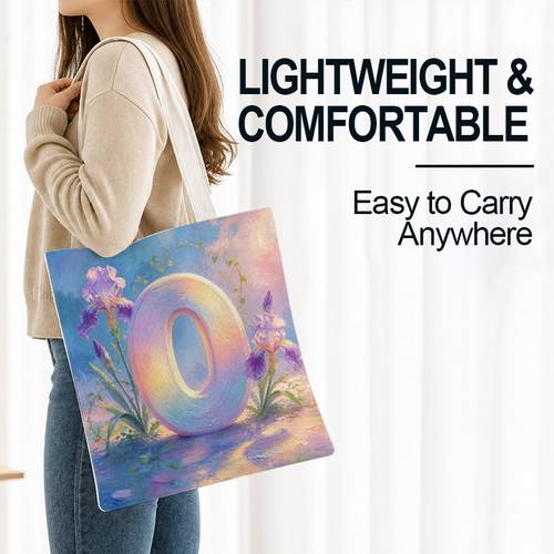 womens soft pastel gradient tote bag with letter o floral print lightweight casual shoulder bag suitable for daily shopping machine washable pastel ombre purse 2d flat