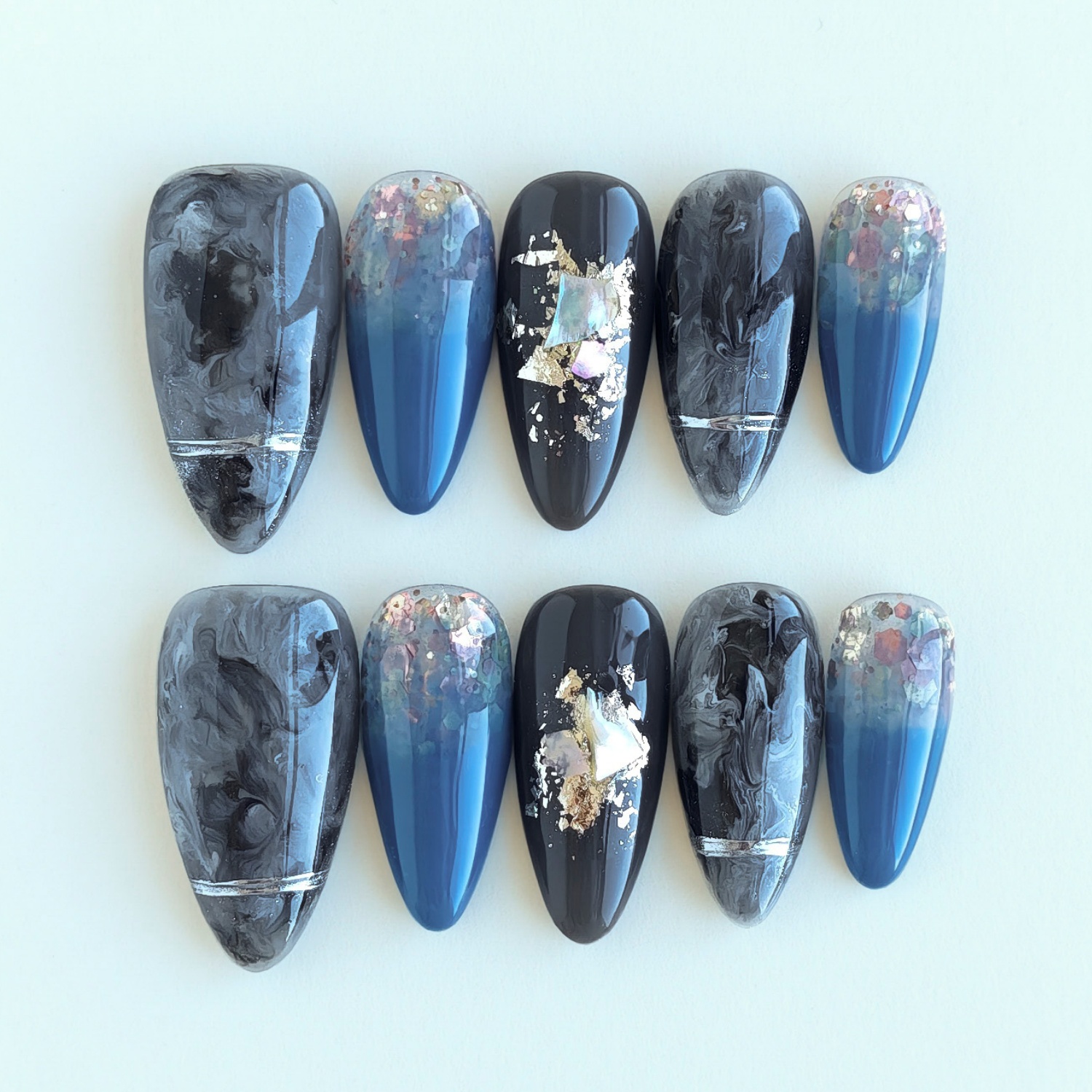 TEMU Nail | 10pcs Of Handmade Wearable Nails - Medium Almond Shape With Dark Blue Marble Glitter, Cool And Luxurious Style | Night , Fashion Events,