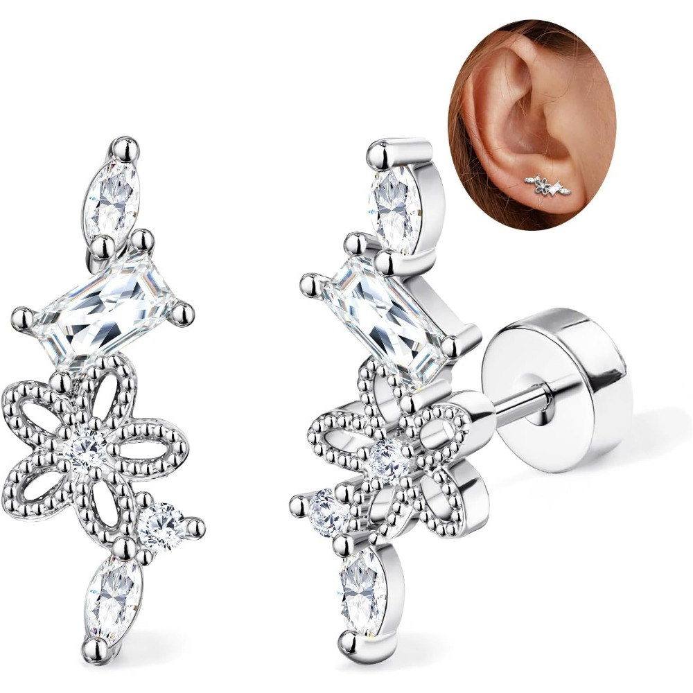 2d Flat - 2pcs Helix Piercing Jewelry Stainless Steel Cartilage Earrings For Women 16g Flat Back Earrings Stud Conch Piercing Earrings Helix Earrings Tragus Piercing Jewelry