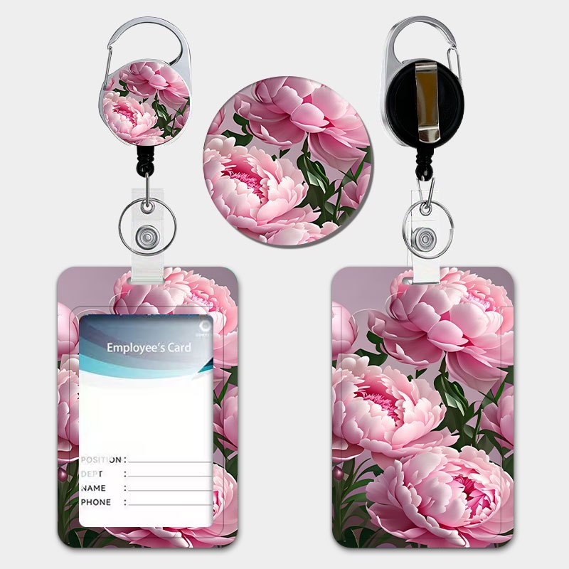 TEMU Pink Peony Floral Pattern Holder Set With Retractable Lanyard With Pull Tab And Keychain, Durable Plastic Card Holder. Suitable For Storing Id