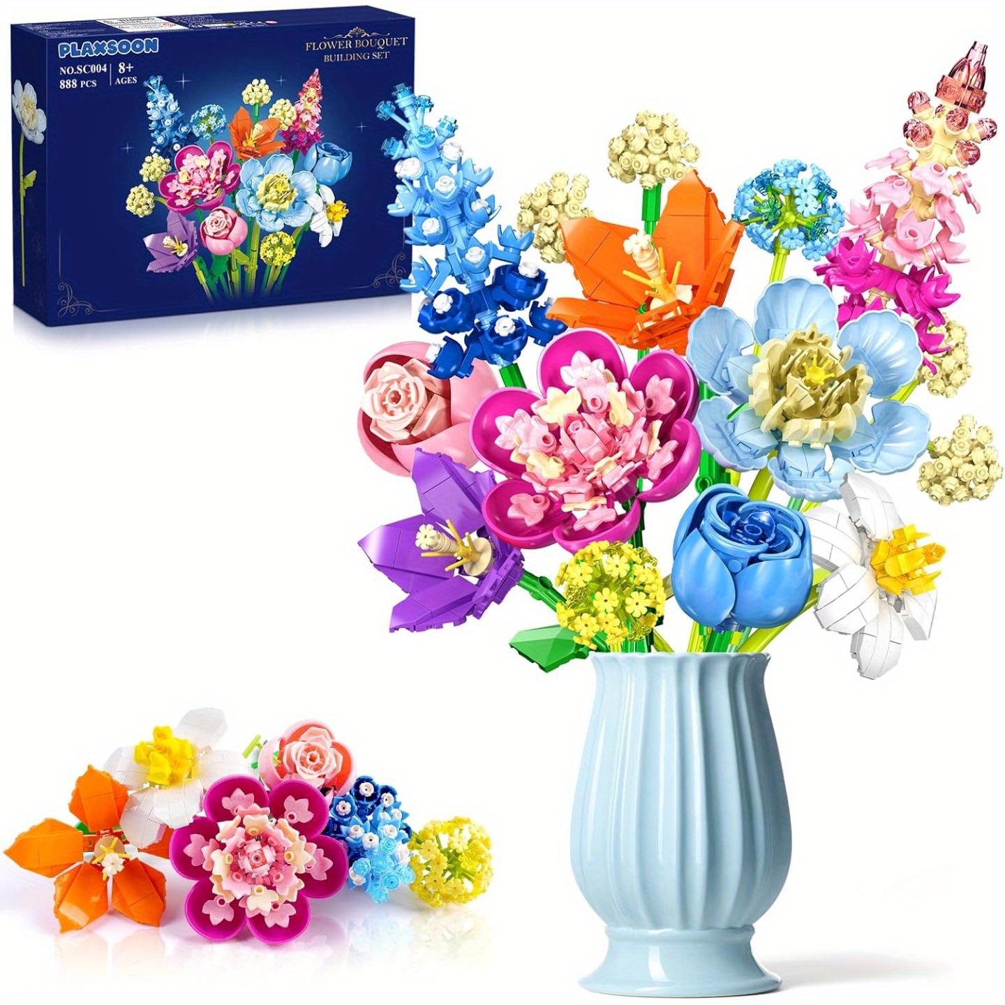 

888pcs Flower Bouquet Building Set - Vibrant Botanical Collection With Adjustable Roses, Orchids & More - Ideal Decor & Gift For Adults, Women, Men, 8+, Flower Decorations