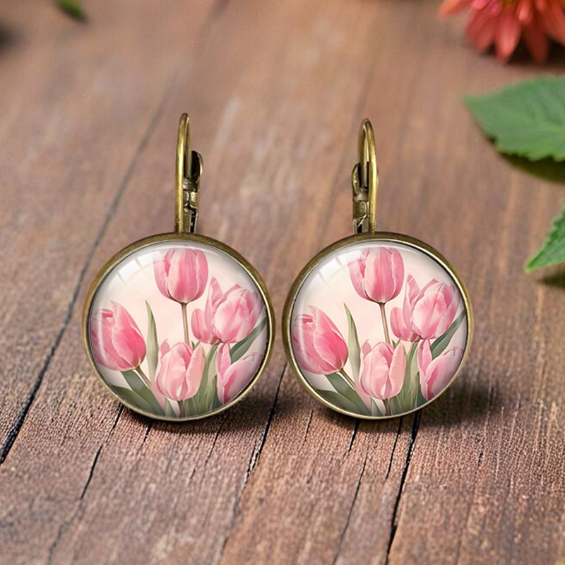 TEMU Minimalist Glass Round Earrings Suitable For Daily Wear, Parties, Gifts - Pink Tulip Clip- Ear Studs, Fashion Jewelry, Holidays, Everyday