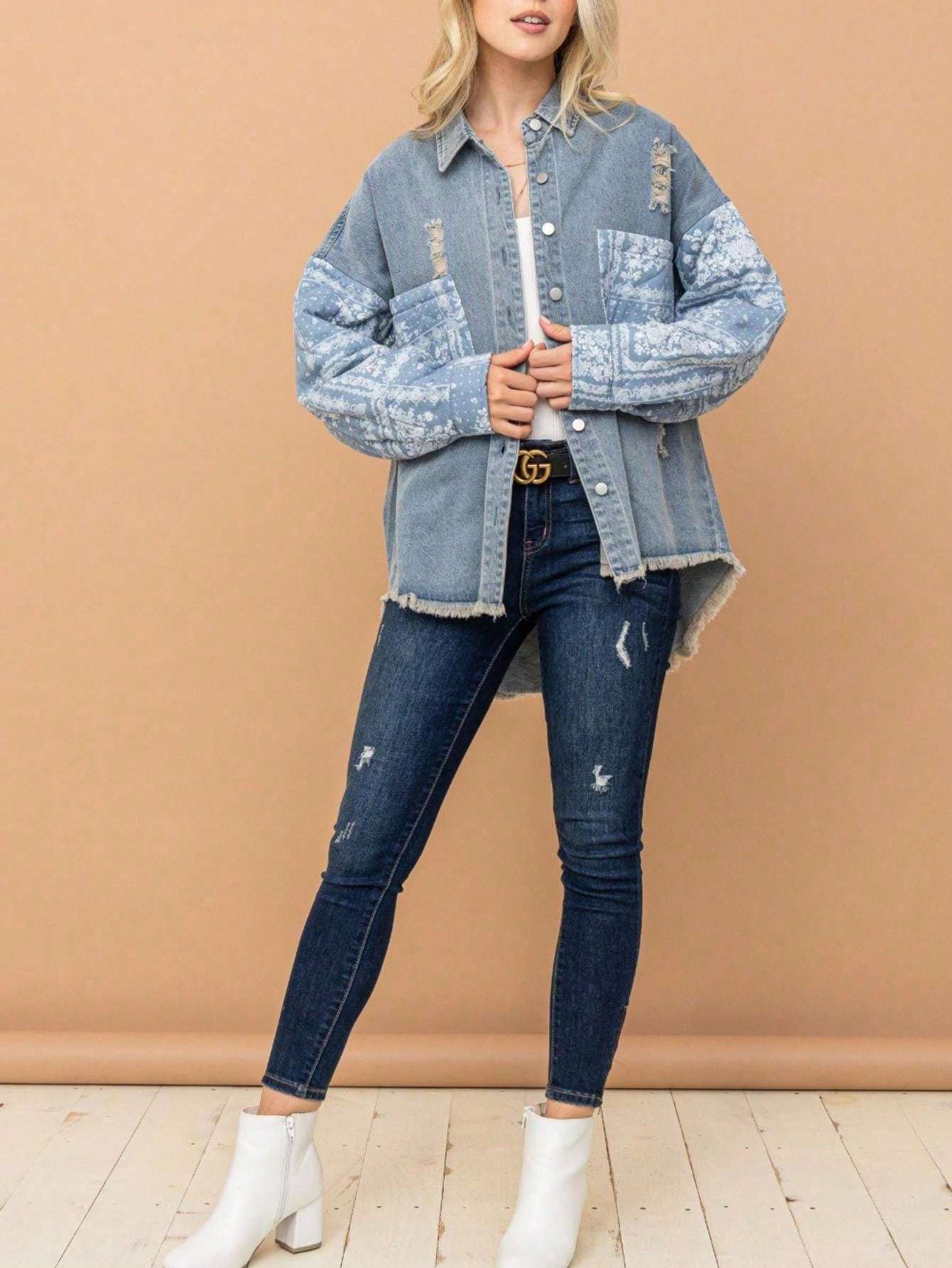 Casual Denim Jacket With Flowers Long Sleeved Denim Jacket Printed