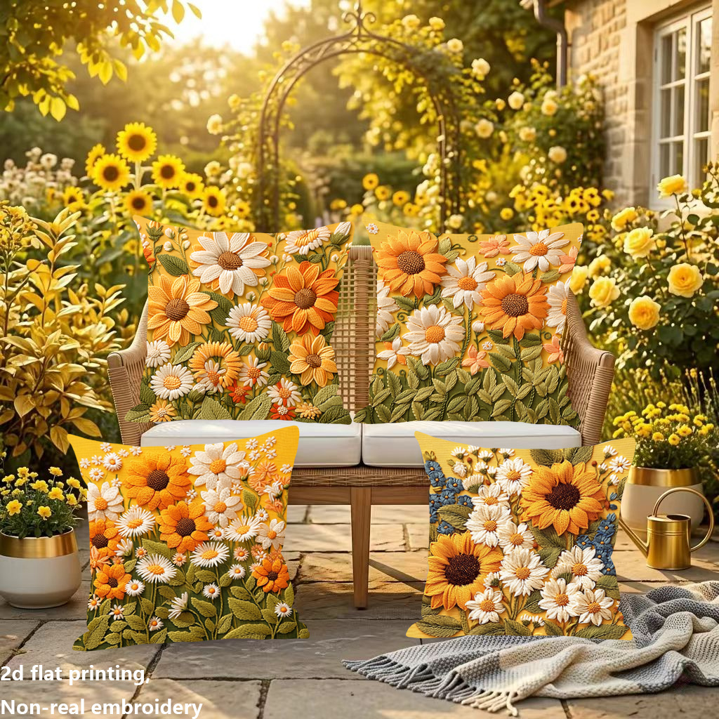 TEMU 2d Flat - 4pcs Throw Pillow Cover Set, 2d Flat Printing, Non-real Embroidery, Country Style, Watercolor Sunflower And Daisy Pattern, Embroidery