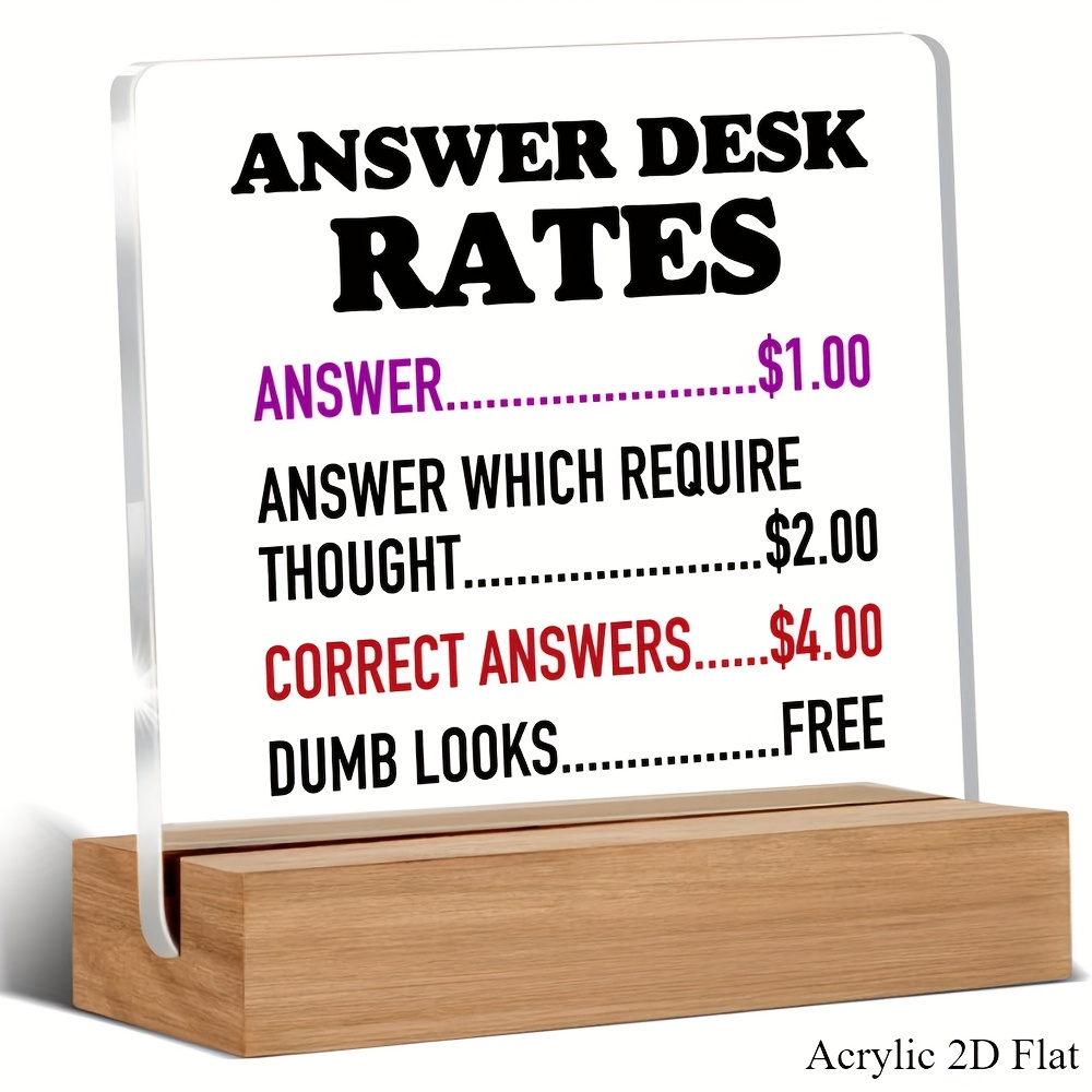 TEMU Suitable For All 2d Flat Humorous Desk Sign - Easy Answer $1, Thoughtful Answer $2, Correct Answer $4 And Free Silly - Transparent Acrylic Desk