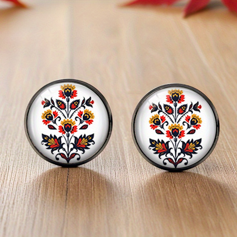 TEMU A Pair Of Round Glass Earrings With Polish Floral Patterns, Handmade Black Stud Earrings, Without Battery