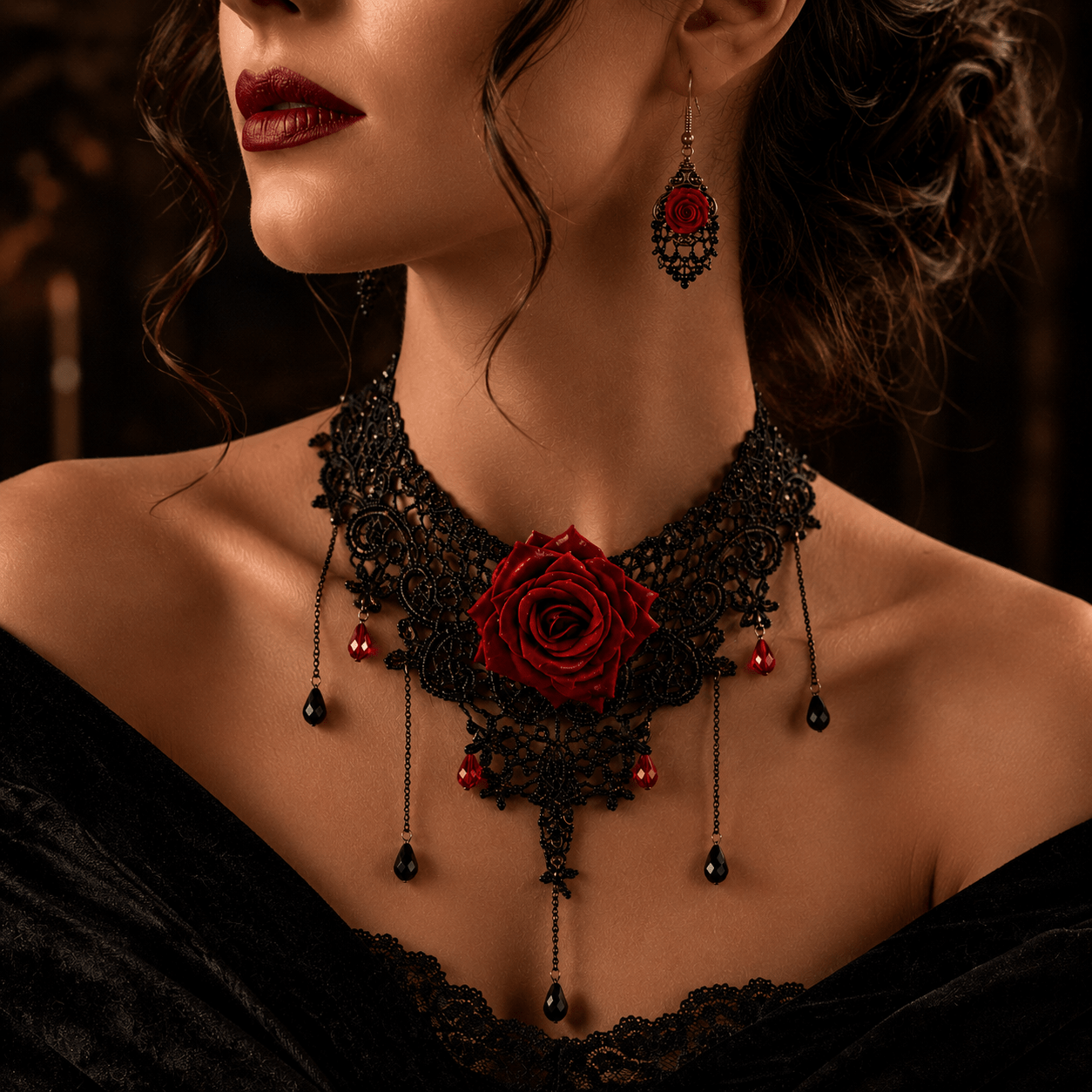 TEMU Ensemble de 3 pièces de bijoux gothiques à pour femme, de cou en dentelle noire avec et pendentif de , accompagné de boucles d'oreilles