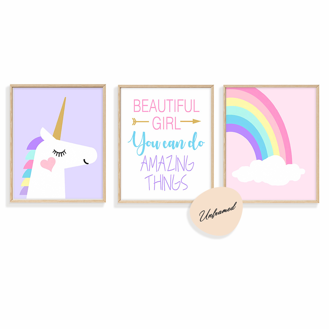 

3pcs Unicorn & Rainbow Set, Fashion-themed 8x10 Inch Bedroom, Playroom, Nursery, Classroom Decor, & Inspirational Quotes Posters, Perfect Gift For Girls