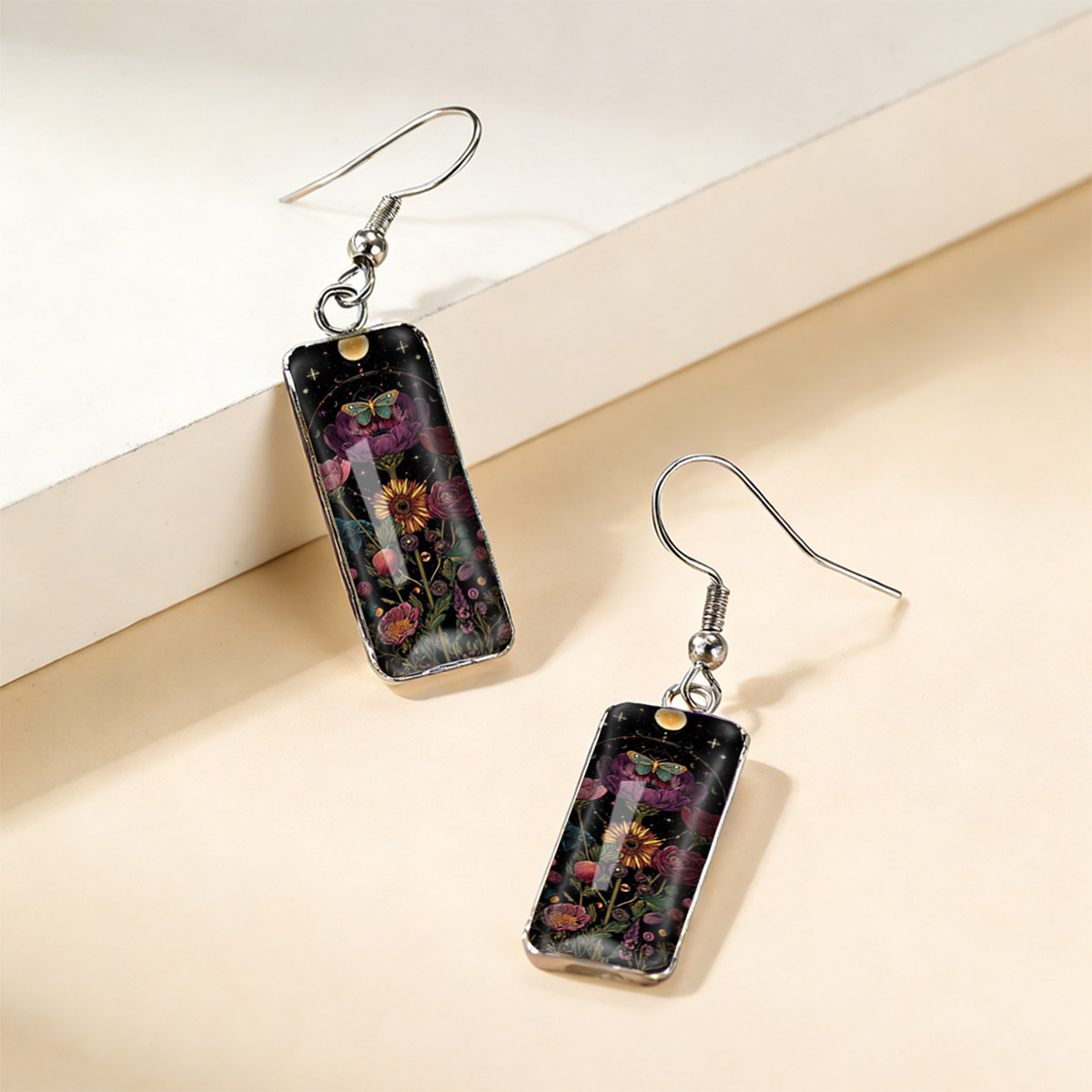 Women's Serene Night Sky Daisy Bush Rectangular Earrings with Butterflies