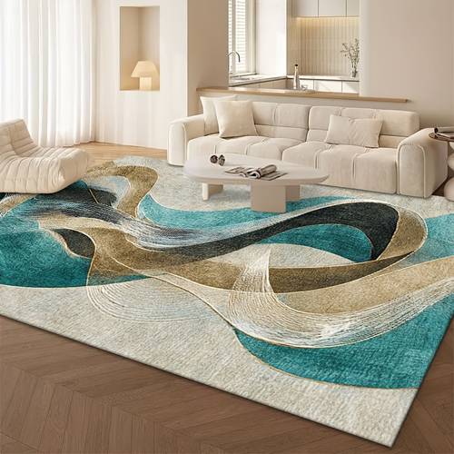 large modern abstract wave carpet suitable for living room bedroom patio oversized luxury rug with blue beige turquoise suitable for indoor outdoor use machine washable soft fluffy polyester mat jumbo rectangular design for home decor gift