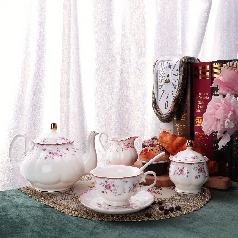 vintage floral tea set for women - elegant   & white porcelain tea party set with teapot, cups & saucers, spoons - wedding, bridal shower, tea party decorations - durable & easy-clean porcelain for formal or everyday use - ideal gift for  , wedding tableware,  ,  ,  , cups and saucers, home  , bridal party Product details 4