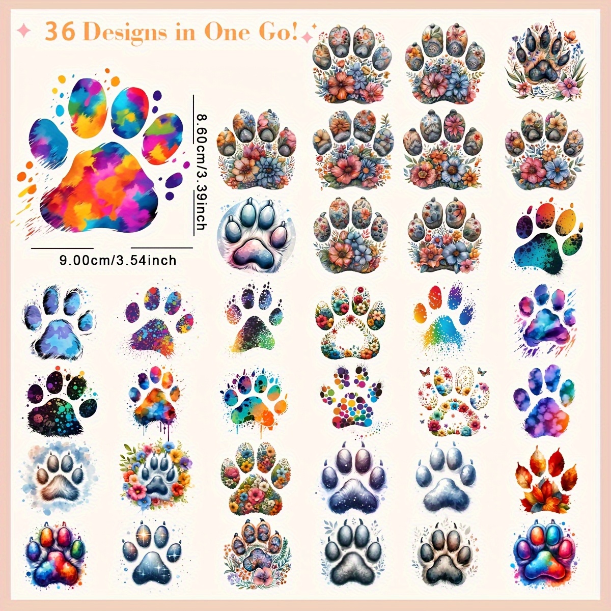 TEMU 36pcs Set Watercolor Paw Print Diy Heat Transfer Dtf Transfer Stickers Washable Heat Transfer Patterns Tape Patches, Suitable For T-shirts,