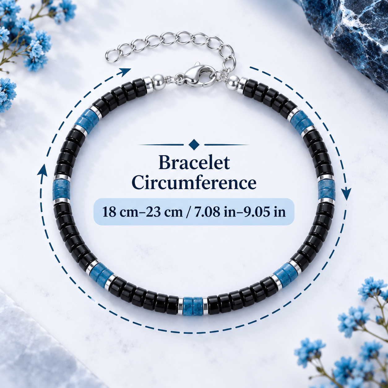 Unisex Blue Agate Beaded Bracelet with Silvery Spacers