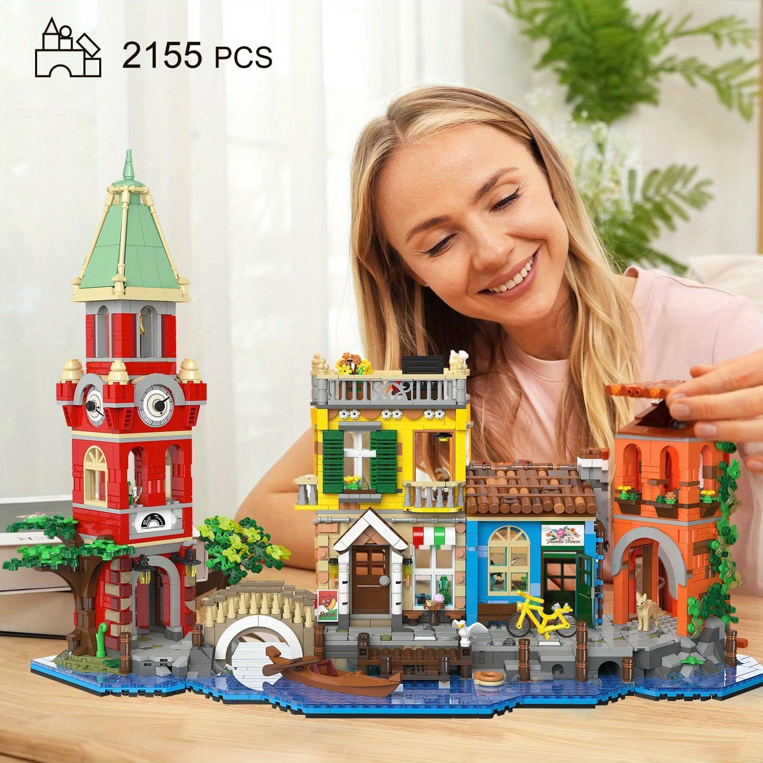 E-shop Venedig Hauptstraße, 2155-teiliges Baustein-Set am Flussufer, Blumenladen , Architektur-Steinbaumodell für , Fidget-Spielzeug &