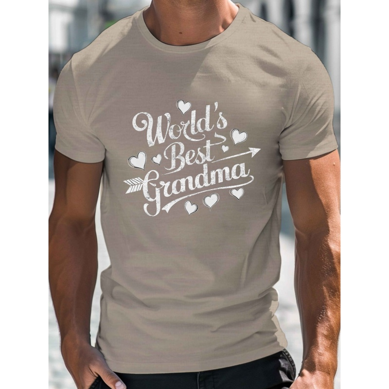 

's Best Grandma Print, Men's Round Crew Neck Short Sleeve Tee, Casual T-shirtcasual Comfy Lightweight Top For Summer