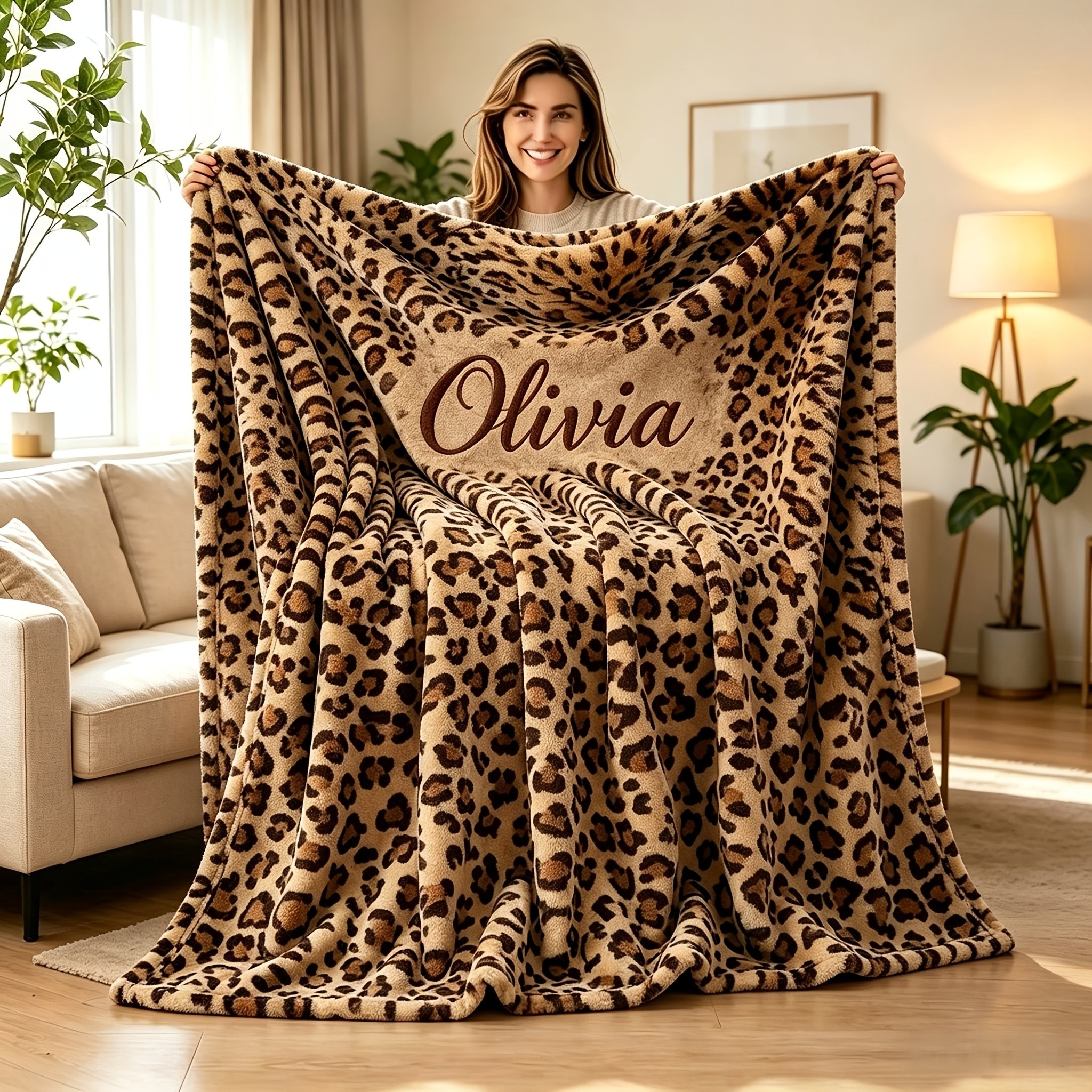 TEMU 1pc Personalized Custom Name Leopard Print Throw Blanket, Soft Plush Flannel Blanket, Custom Text Decorative Sofa Blanket, Suitable For Travel