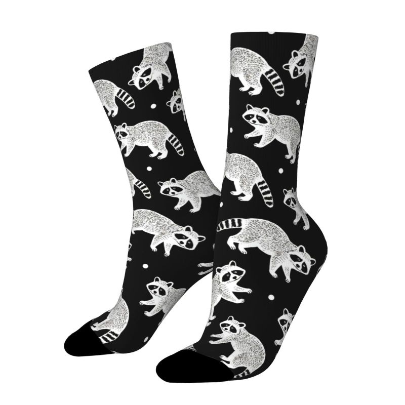 TEMU 1 Pair Unisex Spring Summer Outdoor Socks Black And White Raccoon Pattern And Machine Washable, Suitable For , Comfortable And Breathable,