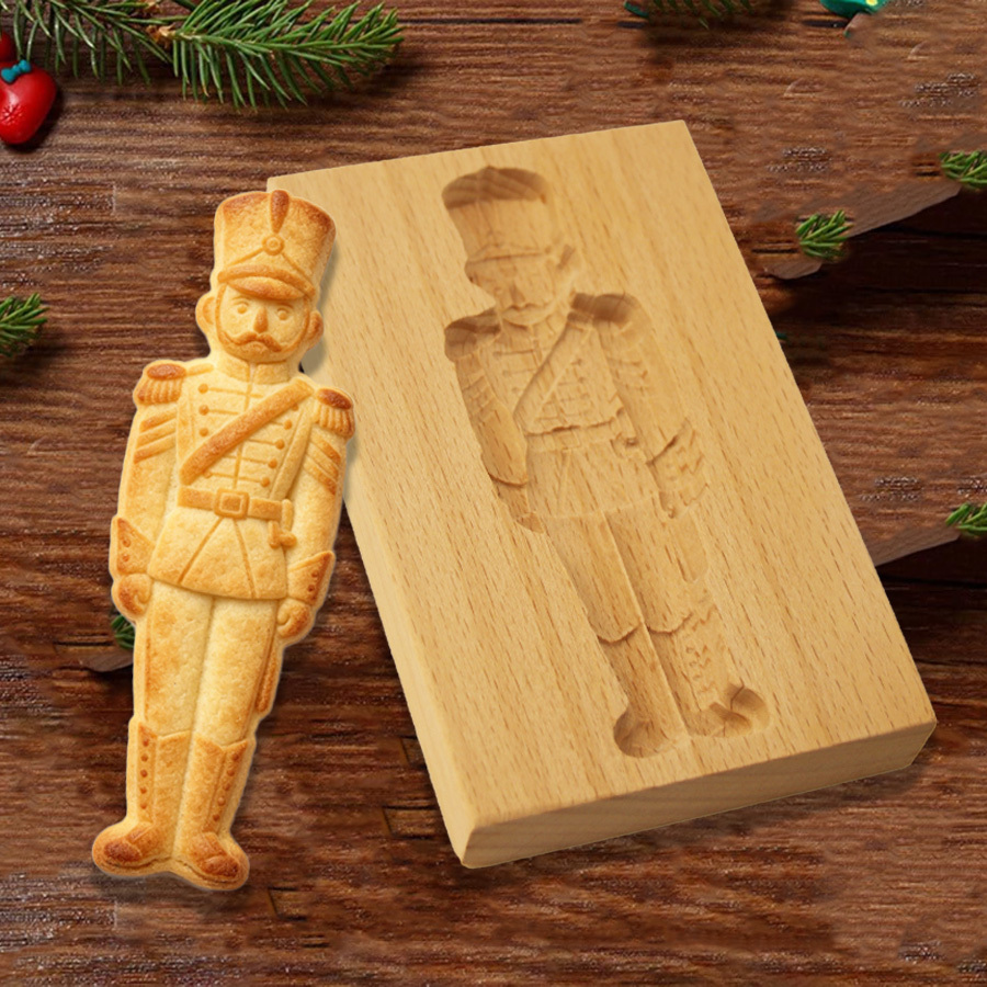 TEMU Vintage 3d Embossed Wooden Cookie Mold Nutcracker Soldier Pattern Hand Carved Biscuit Press Stamp, Relief Cookie Cutter For Fondant Pastry, Xmas