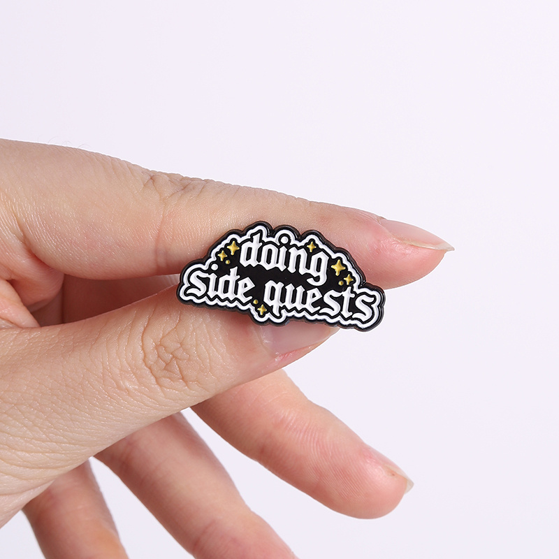 Unique Retro Side Quests Brooch, Text Badge for Clothing