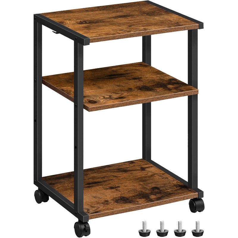 3 tier heavy duty mobile printer stand with adjustable height locking casters foldable rolling cart sturdy industrial desk table with storage shelves space saving under desk printer cart for home office printer books supplies