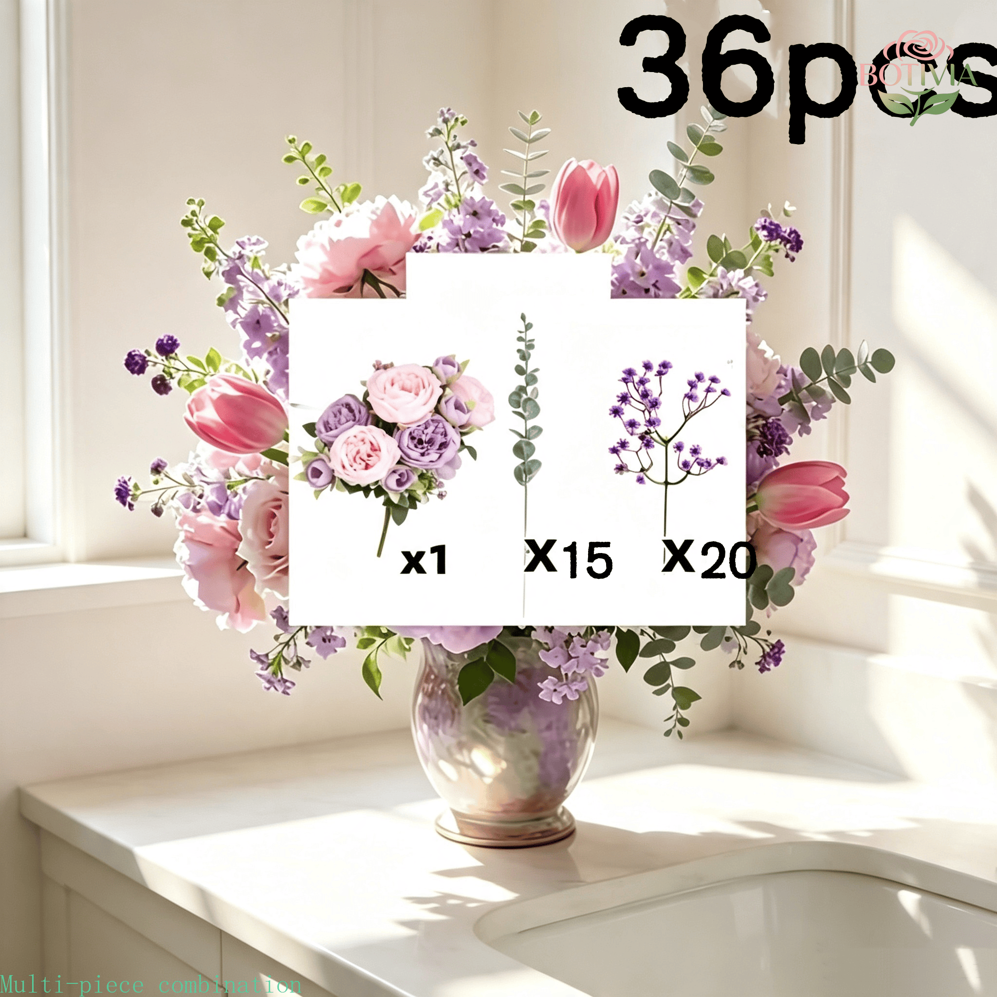 TEMU 36pcs Premium New Style Mixed Simulation Purple- With Eucalyptus And 's Breath Bouquet, Low-maintenance Floral Arrangement, Suitable For