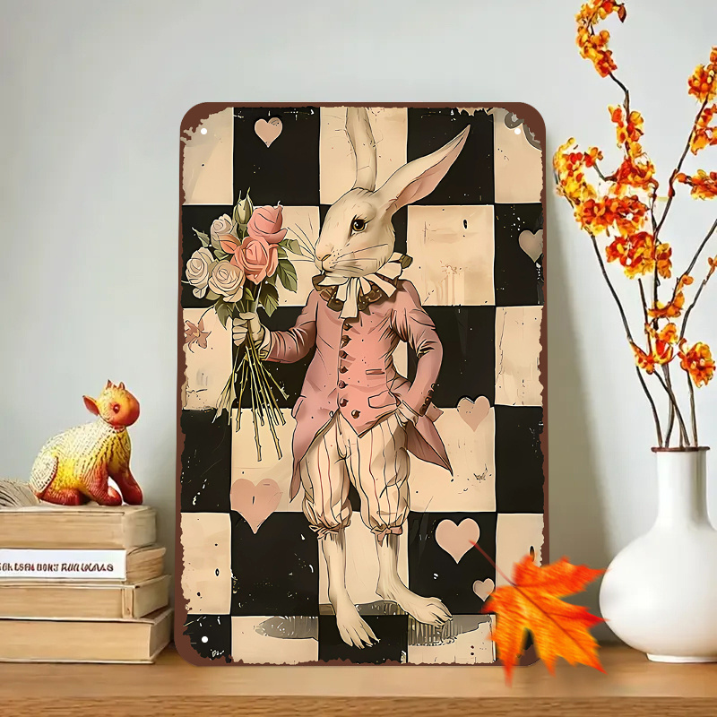 

Canvas Print, 8x12 Inch - Elegant Rabbit With Bouquet, Vintage Checkered Background - Wall Art Poster For Living Room, Bedroom - Gift Idea