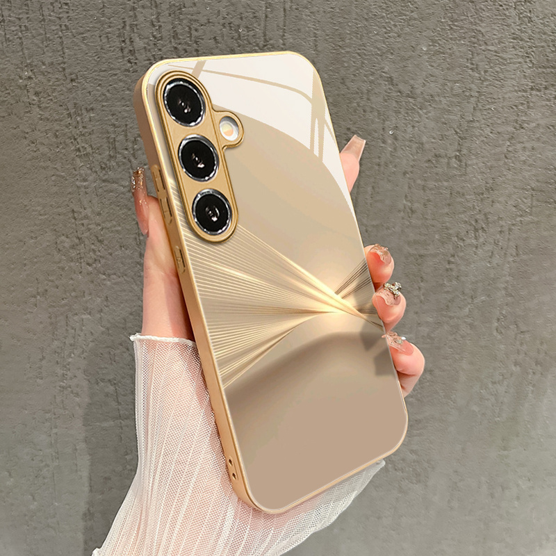 TEMU Phone Case - Minimalist Golden Arc Projection Pattern Glass Phone Case For Galaxy S25/s25 Ultra/s25 Plus/s25 Edge/s24/s24 Fe/s24 Ultra/s23/s23