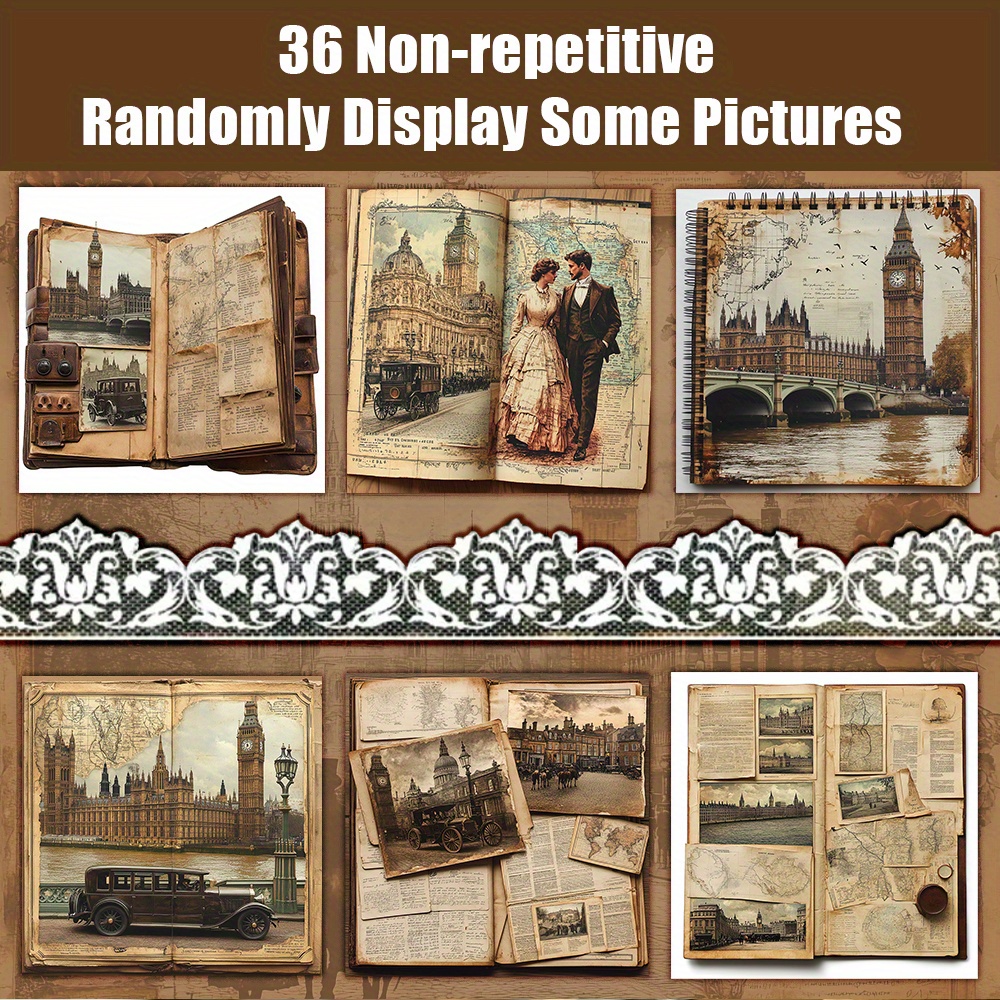 TEMU 36 Non-repetitive London Scrapbook Scrapbook Paper, Decorative Paper, Material Paper Suitable For Retro Diary Background Card Pad Gift Packaging