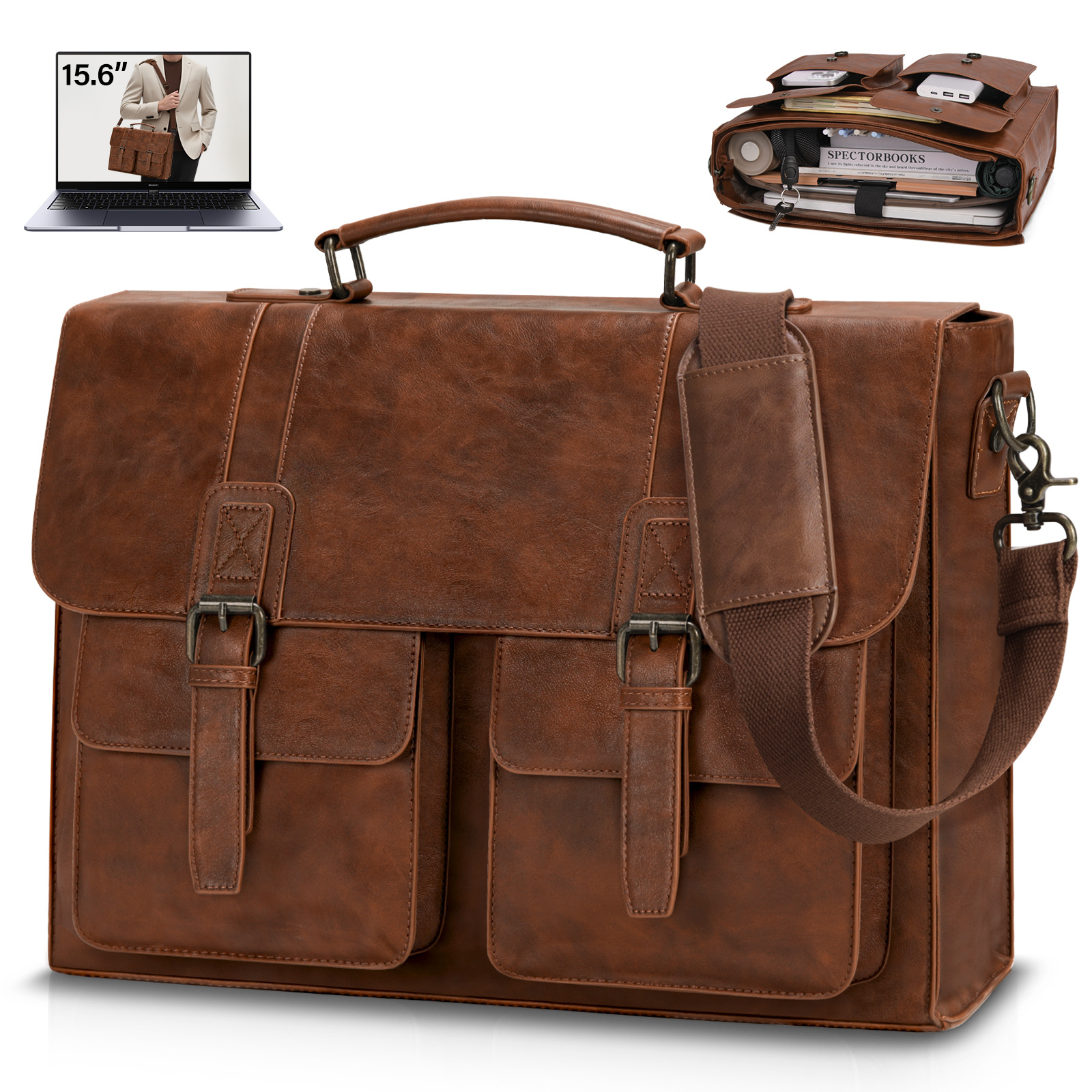 Image of Rainsmore Men's Briefcase, Pu Leather, Work Bag, 15.6-inch Laptop Bag, Crossbody Bag, Business/office, Brown